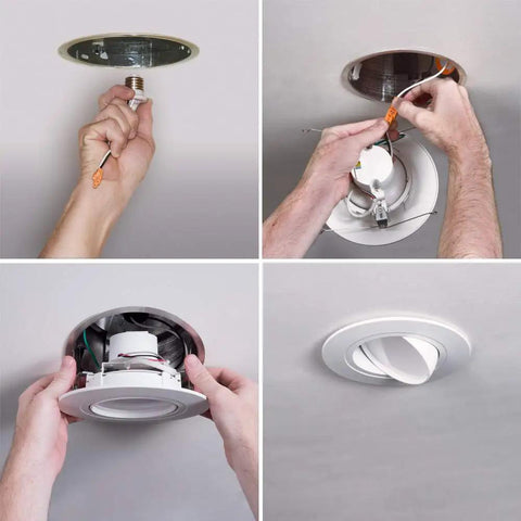 Installation steps of Integrated LED Retrofit Recessed Gimbal Light That Fits 5 And 6 Inch Cans With Selectable CCT 2700K To 5000K 600 Lumens White Finish Heat Sink Keeps LED Array Cool And Easy Ceiling Install.