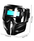 Automatic Welding Helmet With True Color Lens, Safety Cover, And Air Supply Respirator System, dimensions shown.