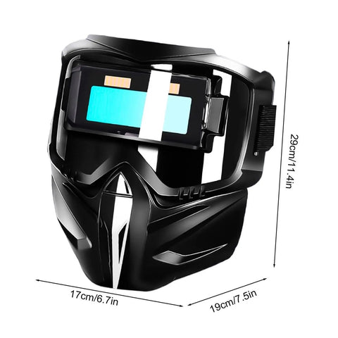 Automatic Welding Helmet With True Color Lens, Safety Cover, And Air Supply Respirator System, dimensions shown.