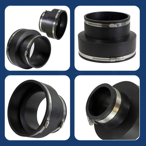 Heavy Duty Flex Pipe Reducing Coupling Six To Four Inch With Stainless Steel Worm Drive Clamps in black rubber with smooth finish.