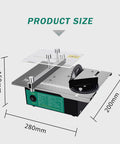 Heavy Hitter Mini Table Saw With Nifty Quick Change Blades For Precision Diy Cuttings And Wood Engraving Compact Workshop Tool showing size dimensions 150mm by 200mm by 280mm.