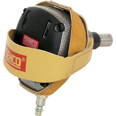 Close-up of Palm Nailer Pneumatic Tool With Magnetic Nail Guide, Soft Rubber Palm Pad, Leather Grip, And Lightweight Design