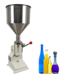 Heavy Duty Stainless Steel Manual Bottle Filler With Solid 10 Liter Hopper And Drip Free Piston Pump Adjusts From 5 To 60 Ml For No Hassle Paste And Liquid Bottling Setup with a stainless hopper and colorful bottles.