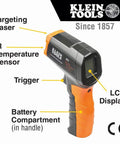 Electrical Test Kit With IR Digital Thermometer Multimeter Non Contact Voltage Tester Pen And Receptacle Tester 4 Piece Set For Pros And DIYers Ideal For Home Projects And Pro Grade Electrical Diagnostics On The Job showing infrared thermometer with labels for targeting laser, IR sensor, trigger, LCD display, and battery compartment.
