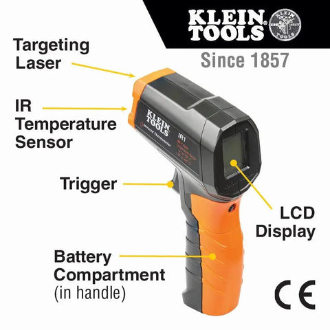 Electrical Test Kit With IR Digital Thermometer Multimeter Non Contact Voltage Tester Pen And Receptacle Tester 4 Piece Set For Pros And DIYers Ideal For Home Projects And Pro Grade Electrical Diagnostics On The Job showing infrared thermometer with labels for targeting laser, IR sensor, trigger, LCD display, and battery compartment.