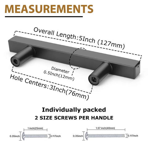 Matte Black Stainless Steel Cabinet Handles 25 Pack With 3 Inch Hole Center, 5 Inch Overall Length Kitchen Drawer Pulls dimensions