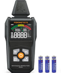 5-In-1 EMF Meter Radiation Detector With Temperature And Humidity, Detects RF EF MF Across 30MHz-8GHz And 40Hz-100kHz, Great For Home Office, DIY And Wireless Signal Tracking, black handheld unit with probe and batteries