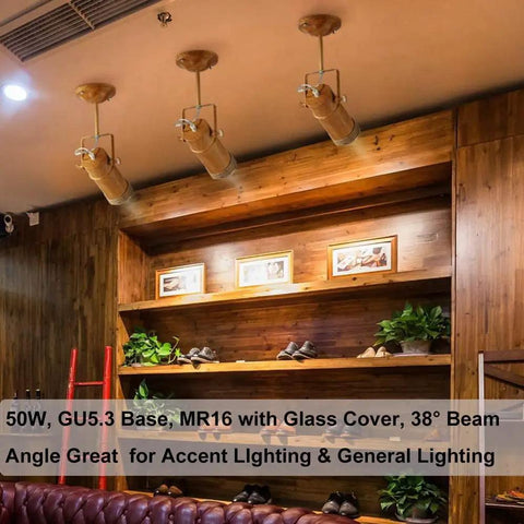MR16 Halogen Bulbs 50W 3 Pack Dimmable GU5 3 12V Warm White 2800K Long Lifetime 38 Degree Beam For Landscape Lighting And Track Lighting High Output 800 Lumens With Glass Cover in a cozy room setting.