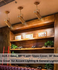 Six Pack MR16 Halogen Bulbs 50W 12V GU5.3 Base, 800 Lumens, 2800K Warm White in ceiling track lighting in wooden room