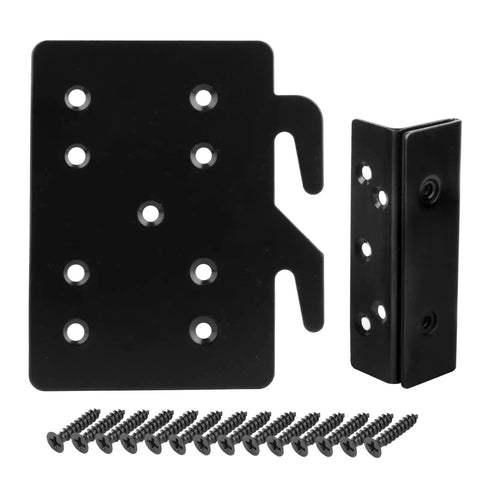 Solid As A Rock 4 Pack Bed Frame Hardware Featuring Double Hook Slot Brackets And Reinforced Steel Plates, includes black steel plates and fasteners.