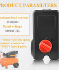 Replacement Pressure Switch For MDR 11/11 EA, 26 Amp, 120/240V, 120-155 PSI, black switch with red knob next to parameters.