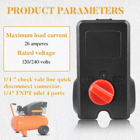 Replacement Pressure Switch For MDR 11/11 EA, 26 Amp, 120/240V, 120-155 PSI, black switch with red knob next to parameters.