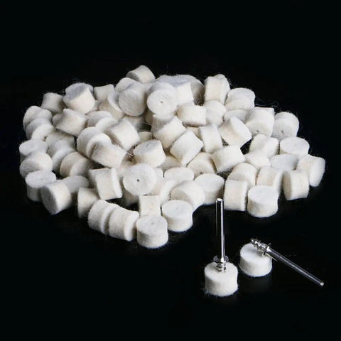 Cool 100 Piece Wool Felt Polishing Buffing Pads With 13mm Shank Plus Extra Grip For Grinding Wheels Step Drill Bits And Jewelry Refining Jobs, pile of round wool pads.
