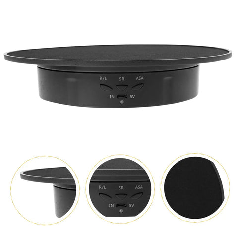 Smooth Rotating Jewelry Display Stand With Adjustable Speed Motorized Turntable For Retail Store Showcase And Product Photography Features black base and USB connectivity.
