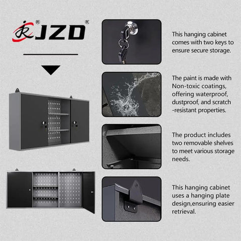 Rugged Metal Wall Cabinet With Two Lockable Doors For Garage Tool Storage In Black And Grey Pegboard Interior And Detachable Shelves