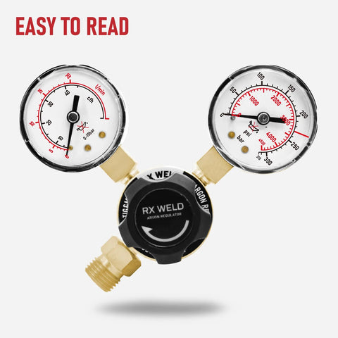 Front view of RX WELD argon welding regulator with dual gauges and CGA580 inlet