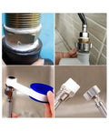 Image of four plumbing applications using Eight Rolls Half Inch By Four Hundred Ninety Four Inches Teflon Plumbers Tape Heavy Duty PTFE Pipe Sealant For Shower Heads And Gas Lines Waterproof Leak Resistant White Pro Grade Sealant That Stops Leaks on various connectors and pipes showing sealant effectiveness.