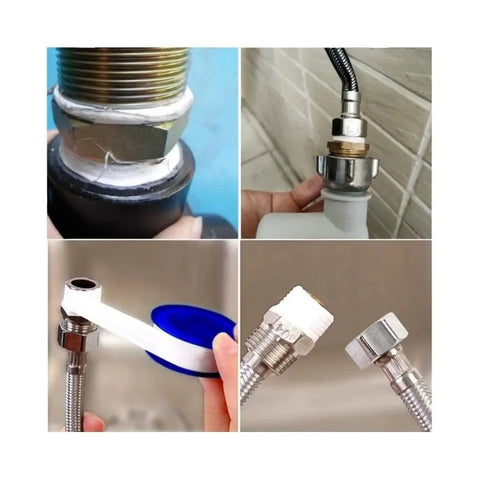 Image of four plumbing applications using Eight Rolls Half Inch By Four Hundred Ninety Four Inches Teflon Plumbers Tape Heavy Duty PTFE Pipe Sealant For Shower Heads And Gas Lines Waterproof Leak Resistant White Pro Grade Sealant That Stops Leaks on various connectors and pipes showing sealant effectiveness.