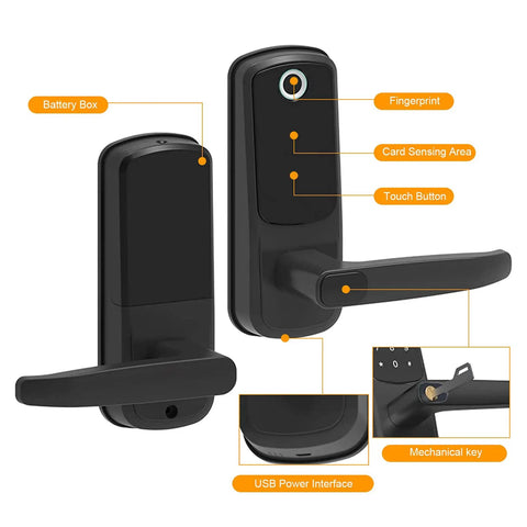 6 In 1 Fingerprint Smart Door Lock With Anti Peep Keypad, Fob Key, Mechanical Key, And App Bluetooth Control Black