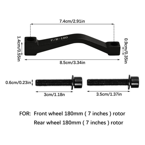 Two Pack Post Mount Disc Brake Adapter For 180mm Rotors showing adapter dimensions and screws, CNC Machined 7075 Aluminum