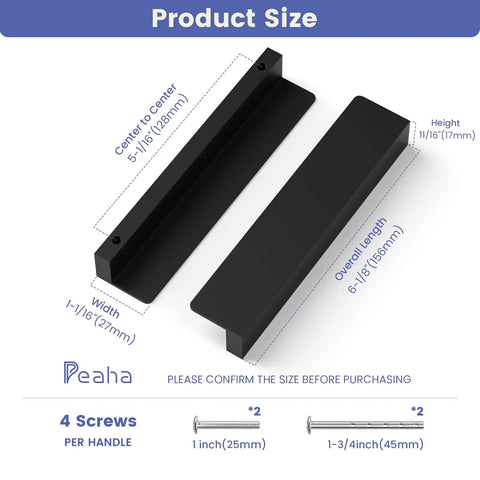 Top Shelf 10 Pack Of Matte Black Finger Edge Pulls With Five Inch Center Spacing And Smooth Rounded Corners dimensions and screw details.