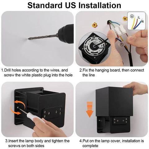Installation guide for Tweakable 20W Black Square LED Outdoor Wall Sconces with Adjustable Up Down Lighting 6500K Bright Cool White IP65 Waterproof Aluminum Modern Porch Lights for Patio Garage Garden Stairs Four Pack Set