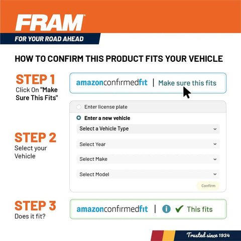 Instructions for confirming product fit on Amazon, highlighting steps to select vehicle and check compatibility for Extra Guard CA9997 Engine Air Filter.