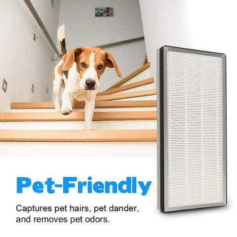 Dog on stairs with MA-40 Air Purifier Replacement Filter With Top Notch Three Stage Filtration Including Pre Filter H13 Grade Main Filter And Activated Carbon For Clean Air Direct Replacement ME 40 1 Pack