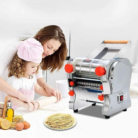 Versatile Heavy Duty Electric Noodle Machine Make Fresh Spaghetti Lasagna And Linguine No Fuss Adjustable Dough Roller in use with mother and child.