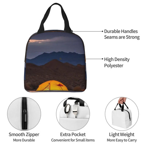 Desert Camping Print Go To Insulated Lunch Tote For Work Picnic Or Travel with durable handles, zippers, pockets shown.