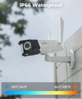 Dual Lens 2K 4MP Outdoor WiFi Security Camera With 150 Degree Ultra Wide View Color Night Vision Person and Vehicle Detection 2.4GHz and 5GHz WiFi Two Way Audio IP66 Weatherproof mounted on a wall in the rain, showing weatherproof capability.