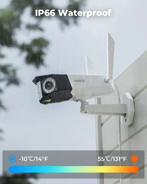 Dual Lens 2K 4MP Outdoor WiFi Security Camera With 150 Degree Ultra Wide View Color Night Vision Person and Vehicle Detection 2.4GHz and 5GHz WiFi Two Way Audio IP66 Weatherproof mounted on a wall in the rain, showing weatherproof capability.