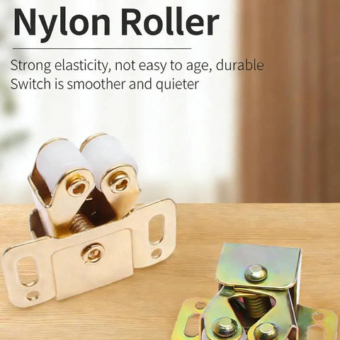 Four Piece Cabinet Door Catches Featuring Bulletproof Magnetic Dampers And Adjustable Metal Mounts For Kitchens And Wardrobes With A Dead Simple Install That Delivers Slick Soft Close Action Every Time, close-up of nylon roller hardware.