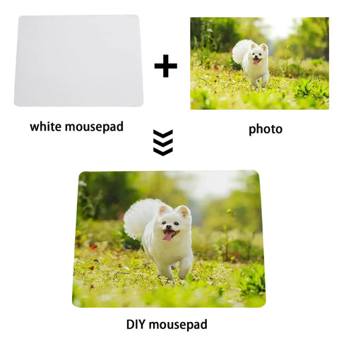 DIY process showing a white mousepad and a photo transforming into a customized mousepad using heat transfer printing.