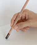 Hand using Mitsubishi Recycled HB Pencil 9852EW With Eraser, 12 Pack, writing on paper, eco-friendly wood pencil for school and office