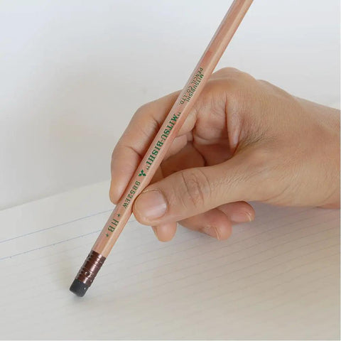 Hand using Mitsubishi Recycled HB Pencil 9852EW With Eraser, 12 Pack, writing on paper, eco-friendly wood pencil for school and office