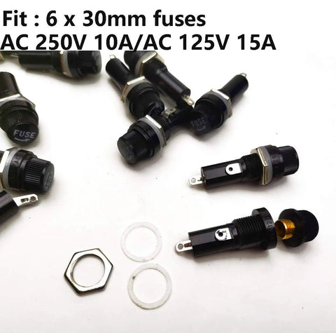 Twenty Panel Mount Fuse Holders With Quick Release Screw Caps Designed For 6X30 Blade Fuses Using A No Sweat Snap Fit Assembly That Stays Locked During Rough Drives And Handles Dual Voltage Ratings For Truck Builds Garage Fixes And Driver Swaps Black with detailed view of connectors and fuses.