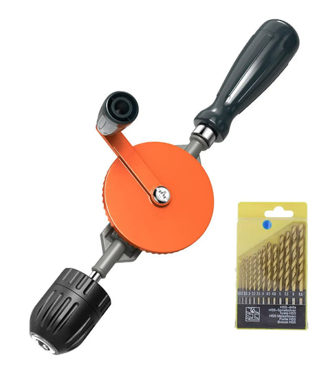 Hand Drill With Keyless Chuck Three Eighths Inch Capacity Cast Steel Body 13-Piece Bit Set For Wood And Plastic No-Fuss Bit Change