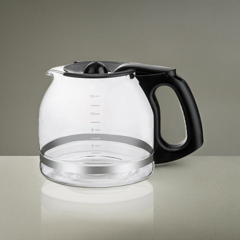 Front view: glass 12-cup replacement coffee carafe with black handle for Keurig K-Duo