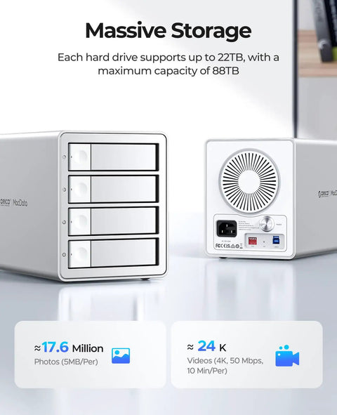 Four Bay Raid External Hard Drive Enclosure With Usb 3.0 for Blazing Data Speeds showing storage capacity and drive slots.