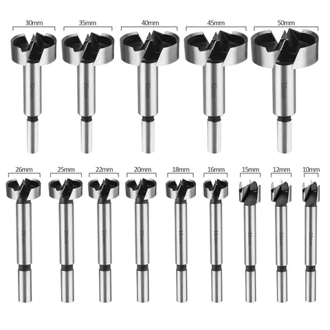 15 Piece Forstner Bit Set For Precision Wood Drilling with Round Shank, high speed steel bits from 10mm to 50mm, ideal for clean holes.