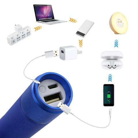 Lit Fiber Optic Space Dancing Light Whip With Rechargeable LED, showing USB ports and charging capabilities