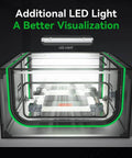 Front view of integrated laser engraver enclosure with LED light, clear panels, and green trim (720x720x400mm)