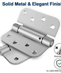 Two brushed nickel 4-inch self-closing door hinges with spring-loaded adjustable tension, UL listed.