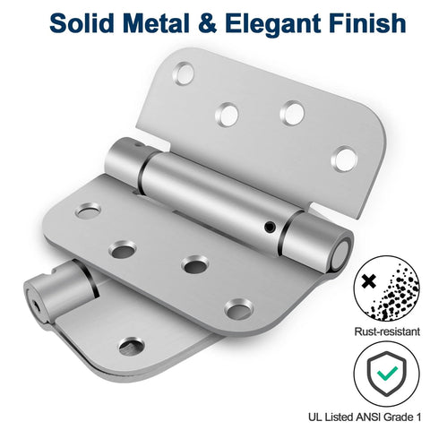 Two brushed nickel 4-inch self-closing door hinges with spring-loaded adjustable tension, UL listed.
