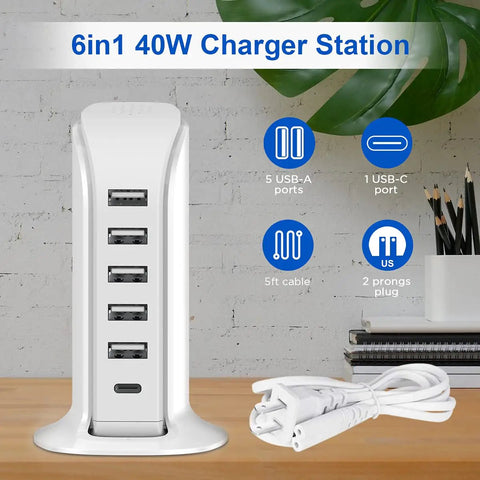 40W USB Charging Hub Workhorse With Five Ports And Type C 3A Desktop Wall Charger Tower on wooden desk with cable