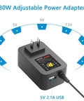 All In One 30W Adjustable Power Supply Adapter For Gadgets, 3V To 12V Output With 5V 2.1A USB Port, 14 Tips, 100V-240V AC To DC Converter