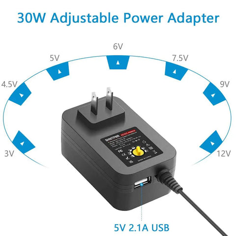 All In One 30W Adjustable Power Supply Adapter For Gadgets, 3V To 12V Output With 5V 2.1A USB Port, 14 Tips, 100V-240V AC To DC Converter