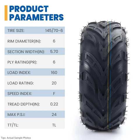 Wear-Resistant 145/70-6 ATV Tire For Quad Go-Kart And Mini Bike Tubeless 4PR displayed with detailed product parameters
