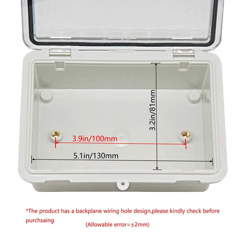 Interior view of Outdoor IP65 Waterproof ABS Junction Box With Hinged Clear Cover showing dimensions and mounting holes.
